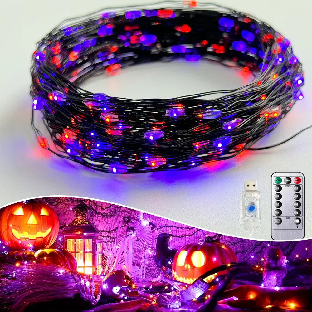 ✨ 100/200 LED Black Wire String Lights – Purple & Orange Fairy Lights ✨