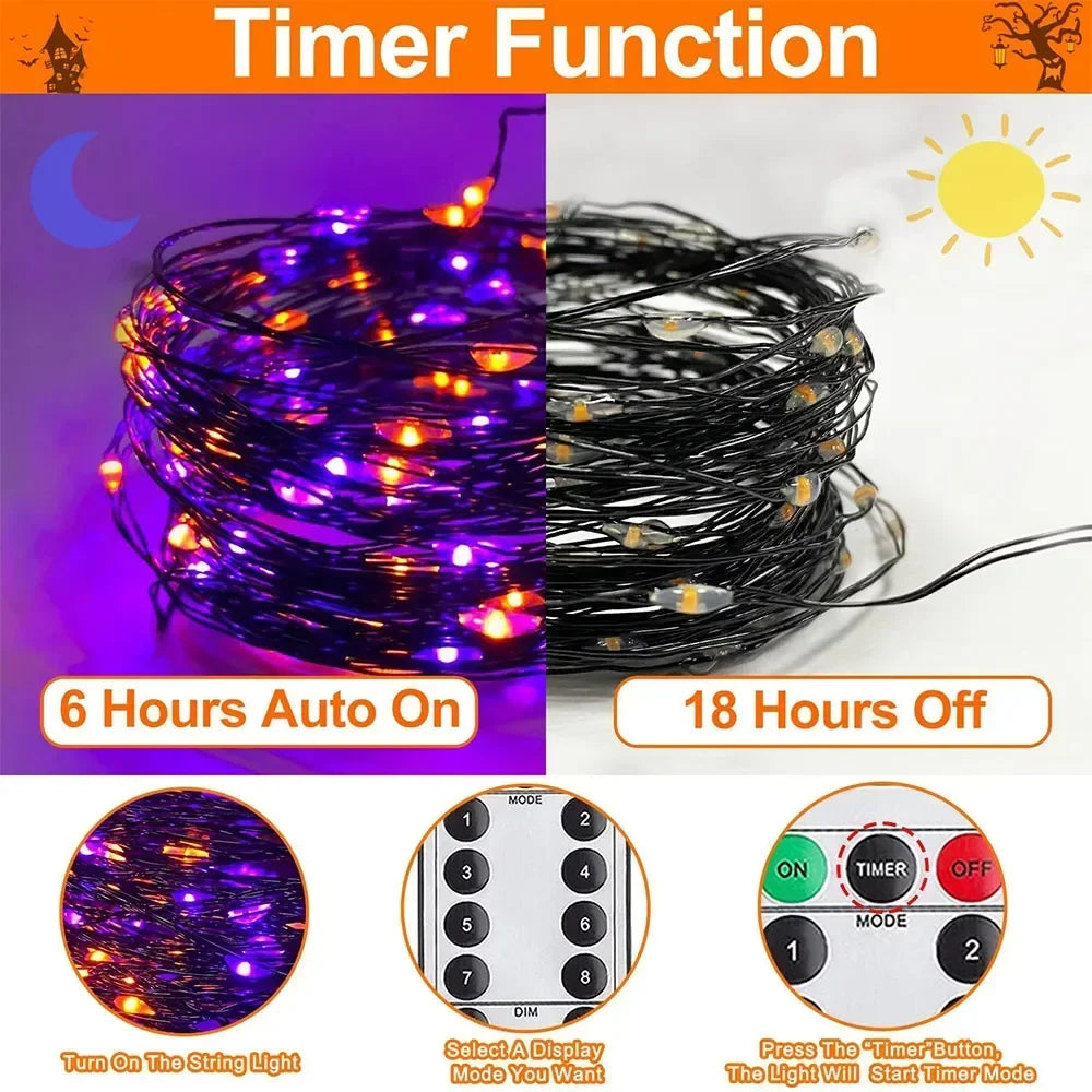 ✨ 100/200 LED Black Wire String Lights – Purple & Orange Fairy Lights ✨