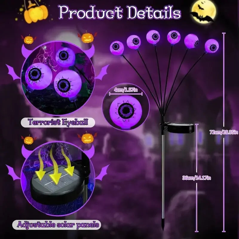 1/2/4Pcs Solar Eyeball Lights – 6-Head Outdoor Firefly Halloween Solar Stake Lights for Garden, Lawn & Yard Decoration