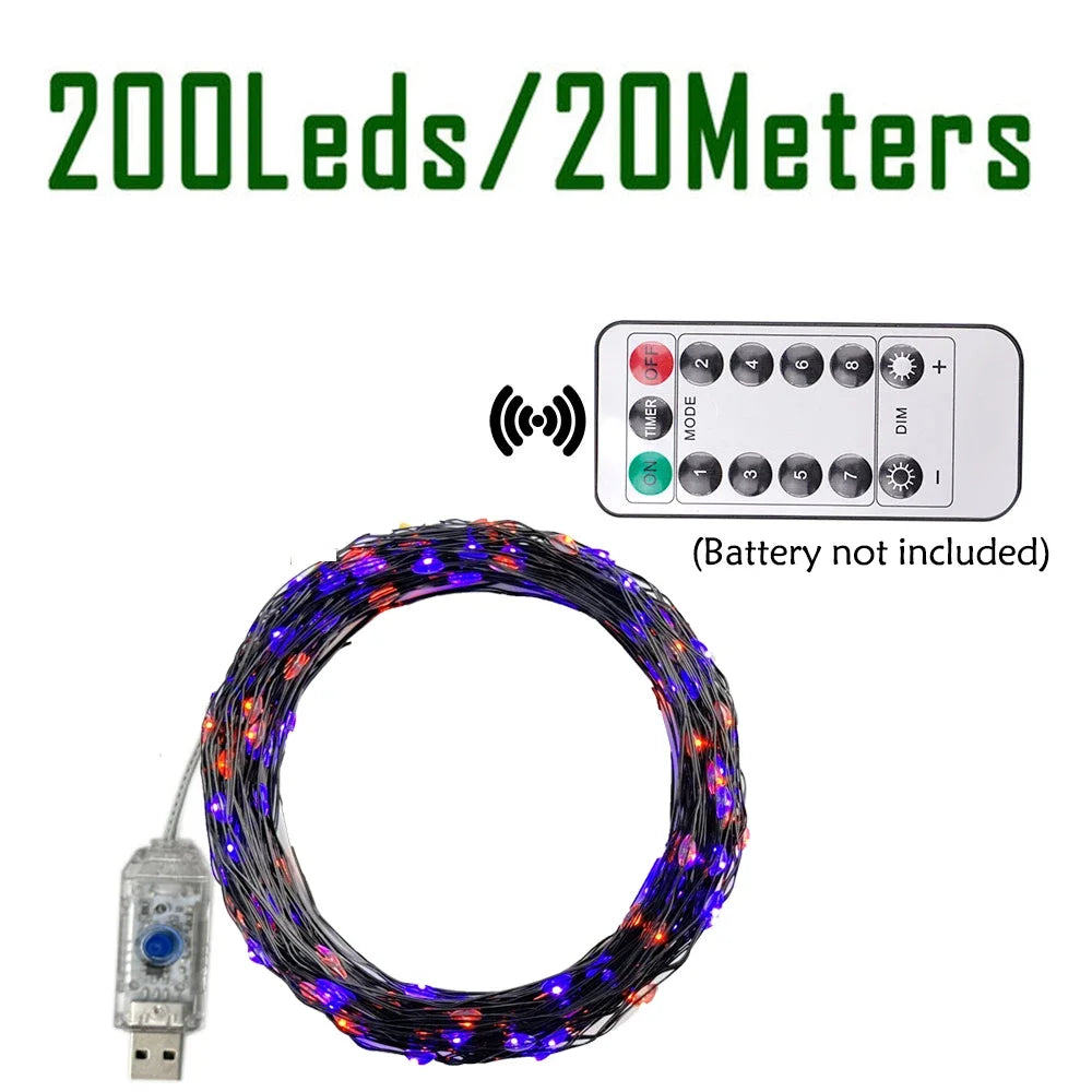 ✨ 100/200 LED Black Wire String Lights – Purple & Orange Fairy Lights ✨