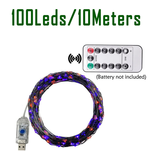✨ 100/200 LED Black Wire String Lights – Purple & Orange Fairy Lights ✨